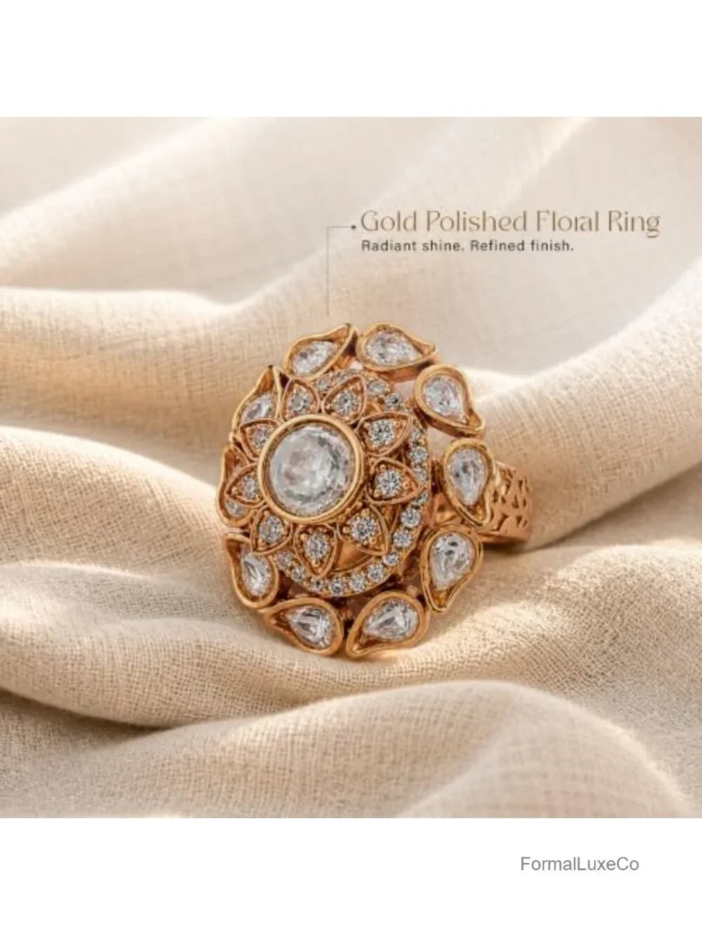Gold Polished CZ Adjustable Cocktail Rings Women's Statement Ring Set